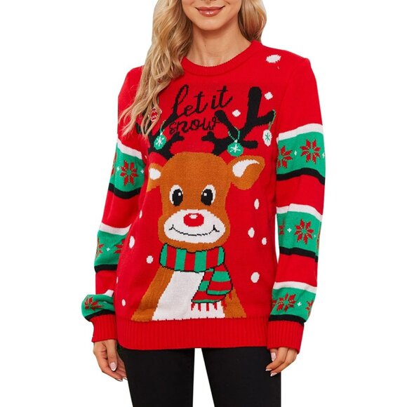Women Red Christmas Tree Ugly Pullover Snowflake Long Sleeve Sweater Shirt